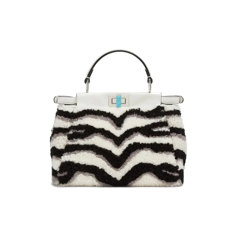 FENDI Peekaboo Sheepskin Shoulder Bag Crossbody Bag Handbag Small Size Women's White/Black/Gray-0
