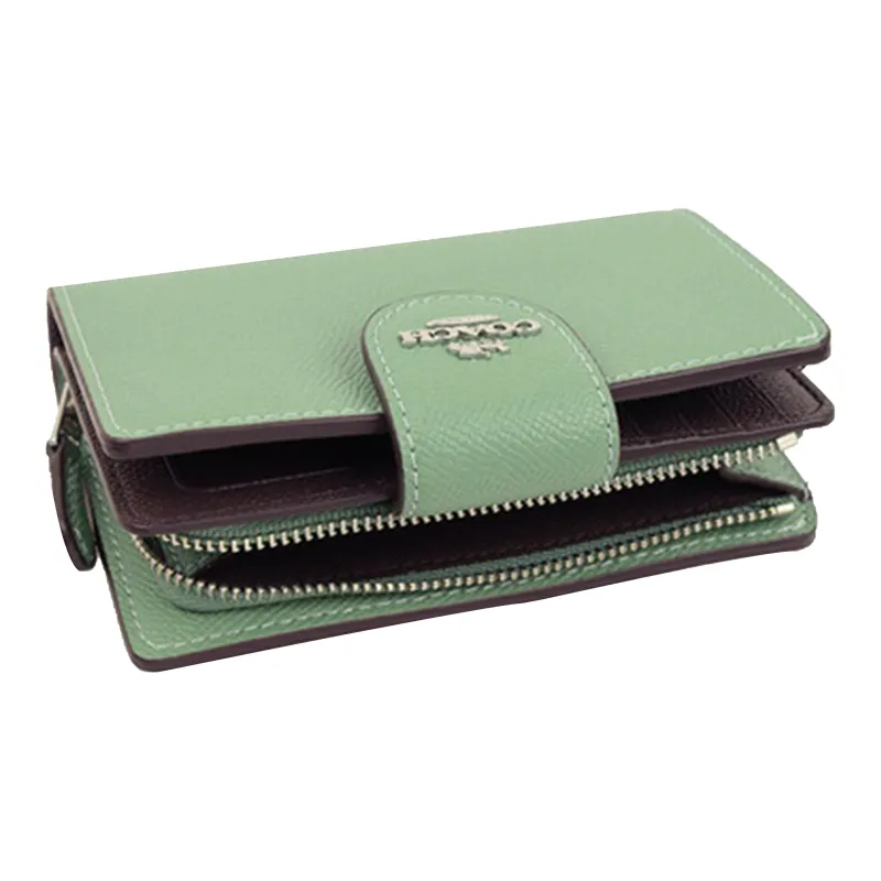 COACH Corner Zip Solid Color Cross Grain Leather Snap Closure Foldable Wallet Mini Women's Washed Green-4