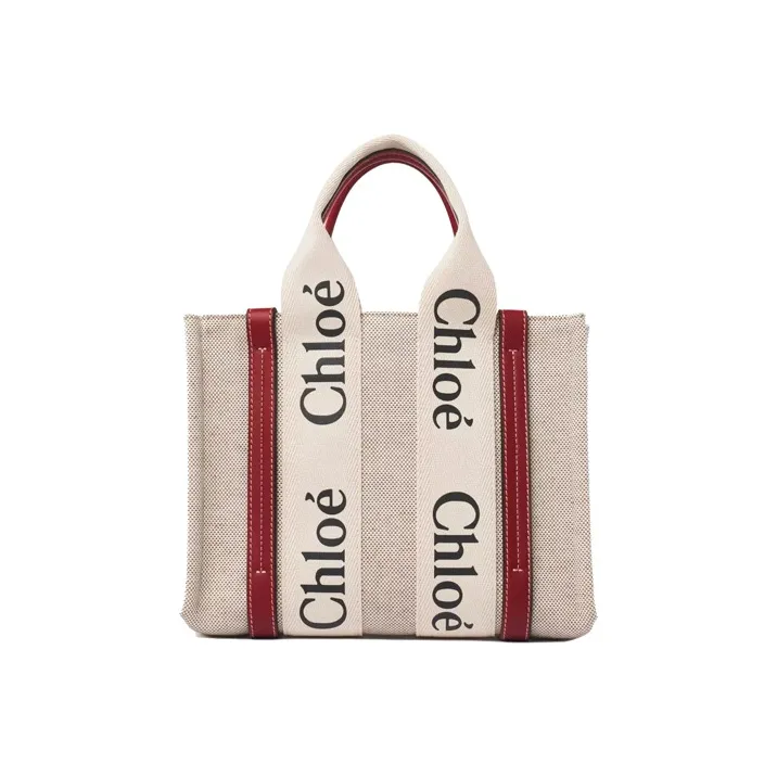 Chloe Woody Cow Leather Tote Bag Shopping Bag Shoulder Bag Handbag Small Size Women's Beige/Smoky Red-1