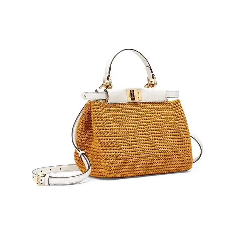 FENDI Peekaboo Viscose Blend With Sheepskin Shoulder Bag Crossbody Bag Handbag Mini Women's Yellow/White-1