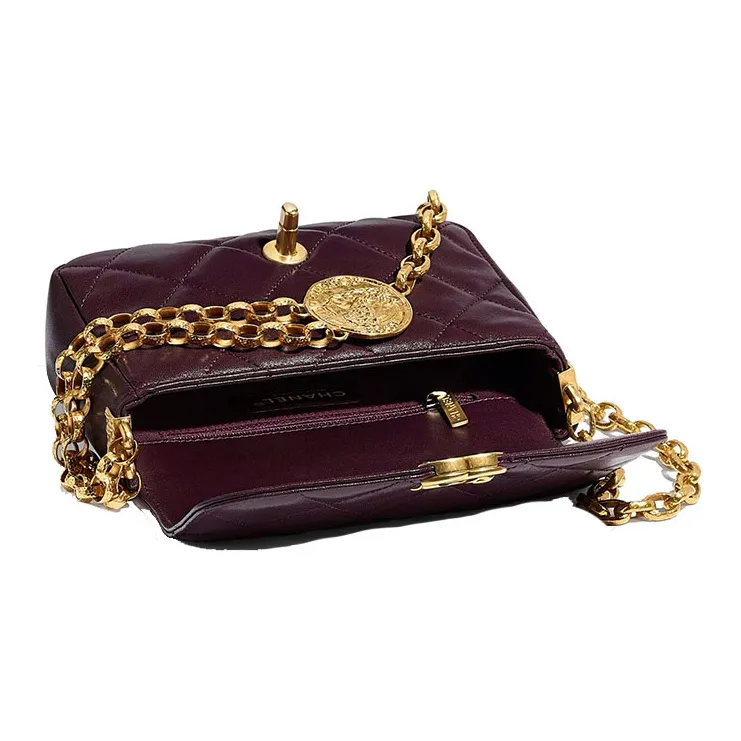 CHANEL Gold Coin Collection Sheepskin Makeup Bag Chain One Shoulder Flap Bag Women's Burgundy-2