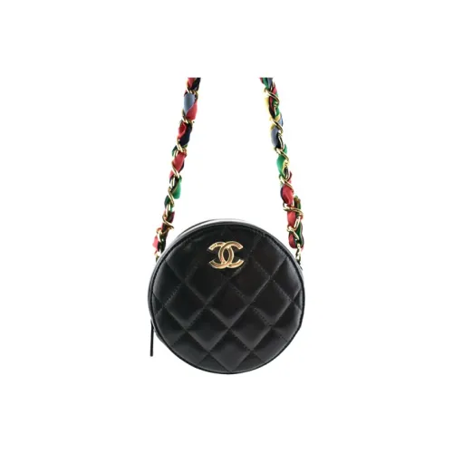CHANEL Shiny Lambskin & Ribbon & Metal Round Bag, Shoulder Bag, Crossbody Bag Women's Black