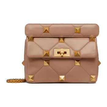 Valentino Roman Stud Lambskin Handheld Handbag, Shoulder Bag, Crossbody Bag Medium Size Women's Cinnamon Pink