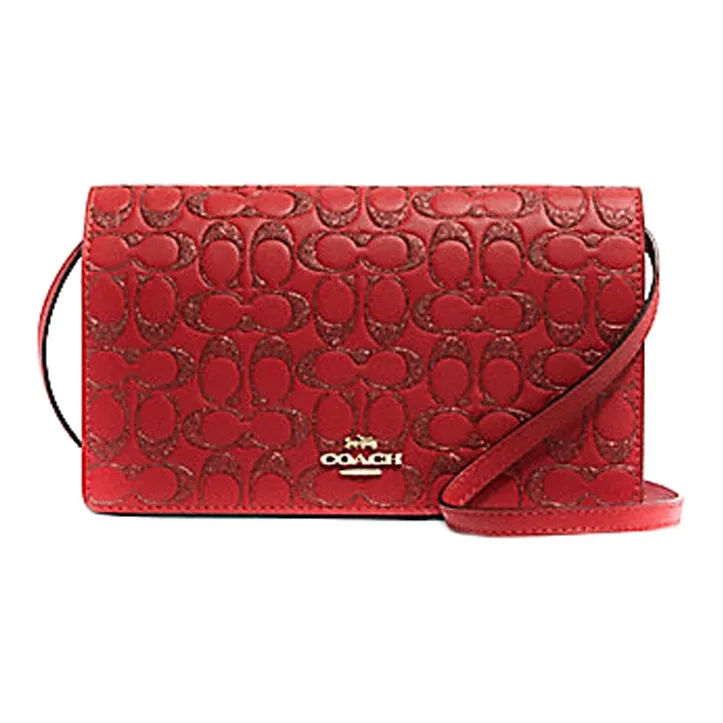 COACH Foldover Leather Shoulder Bag Crossbody Bag Medium Size Women's Red-0