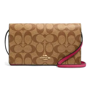 COACH Anna Canvas Leather One Shoulder Handbag, Crossbody Bag Medium Size Women's Khaki & Pink