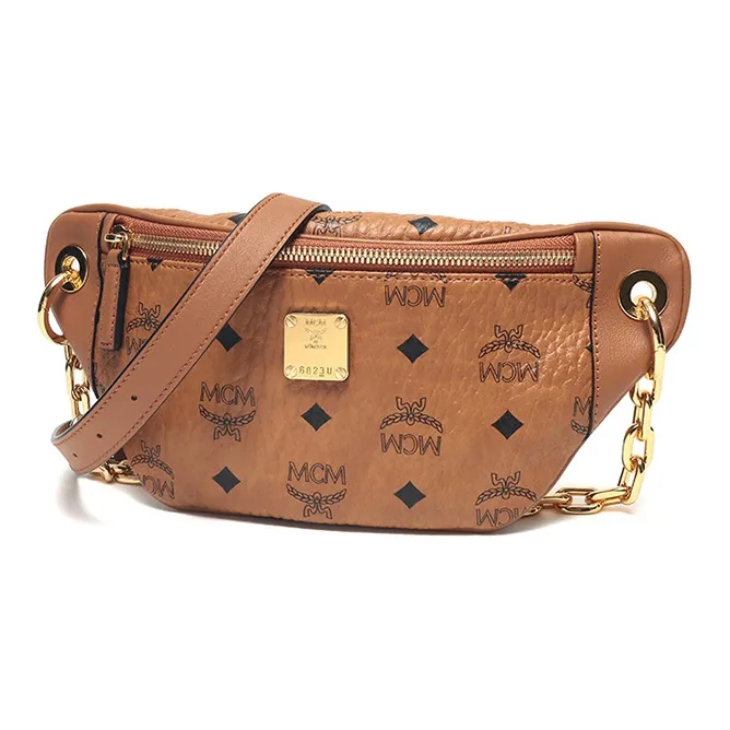 MCM Leather Canvas One Shoulder Crossbody Chain Fanny Pack Sling Bag Mini Women's Cognac-1