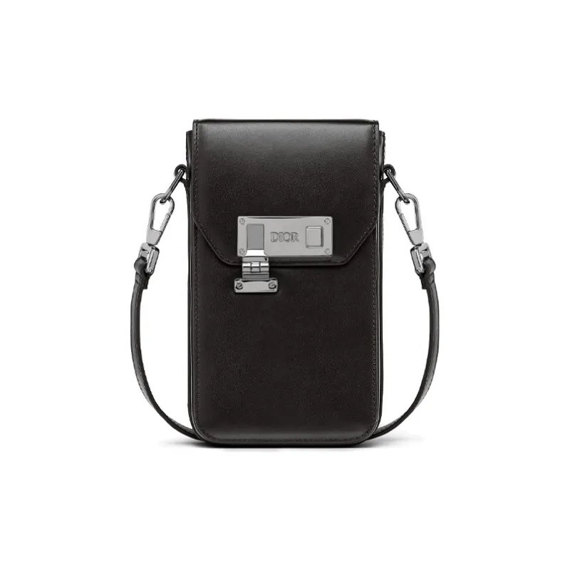 DIOR Lock Cow Leather Shoulder Bag Crossbody Bag With Cell Phone Pouch Men's Black-0
