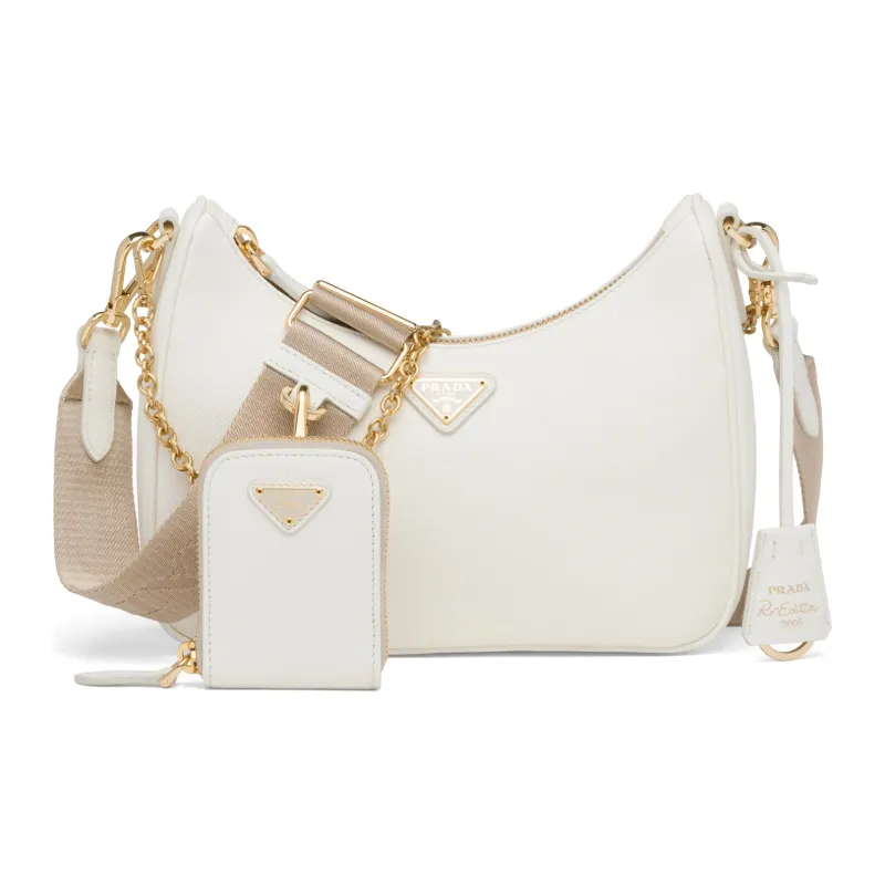 PRADA Hobo Saffiano Leather Shoulder Bag Handbags Shoulder Bags Women's White-4