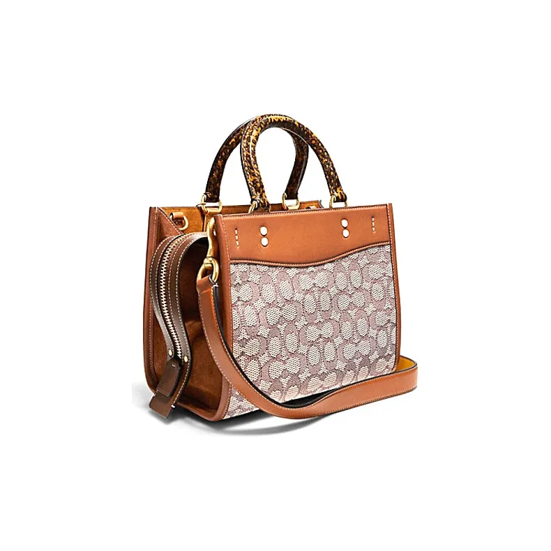 COACH Rogue Jacquard Fabric Snake Skin Detail Shoulder Bag, Crossbody Bag, Handbag Medium Size Women's Khaki Caramel-1
