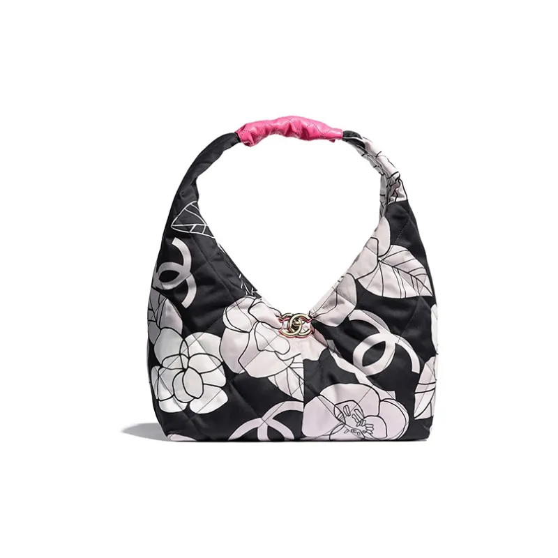 CHANEL Canvas With Calfskin HOBO Shoulder Bag Trumpets Women's White/Black/Pink Color-0