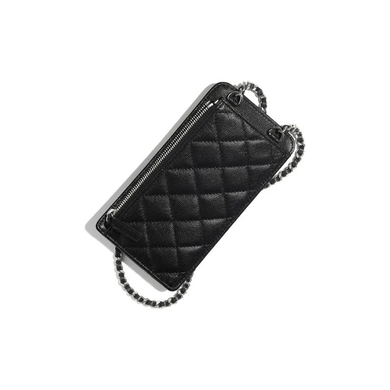 CHANEL Grain Calfskin Fabric And Silver Metal Chain Bag, Shoulder Bag Women's Black-1