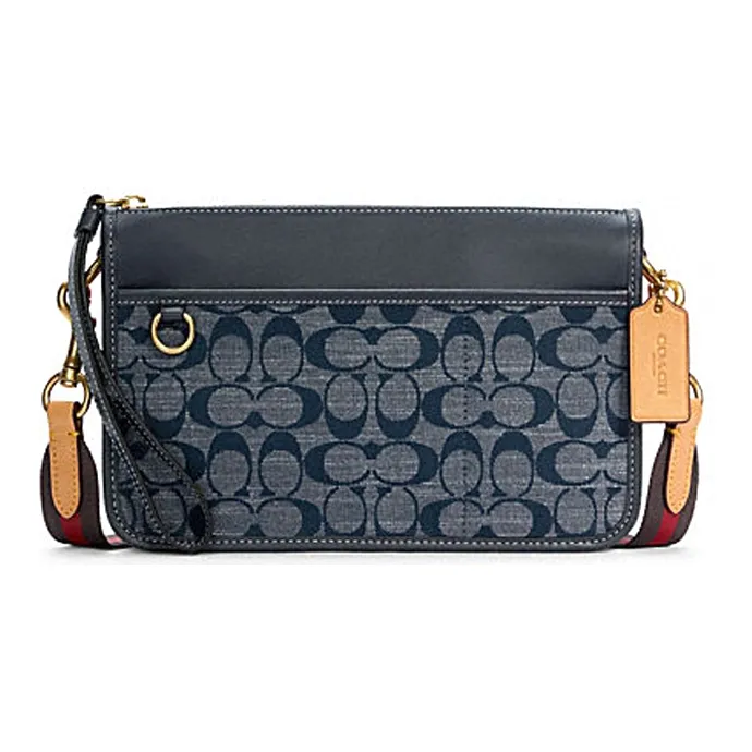 COACH Heritage Canvas With Leather Messenger Bag, Shoulder Bag, Crossbody Bag Medium Size Unisex Denim Blue Monogram-0