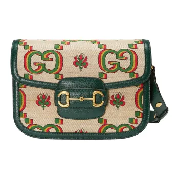 GUCCI Horsebit 1955 Jacquard With Leather Saddle Bag, Shoulder Bag, Crossbody Bag Small Size Unisex Beige/Green