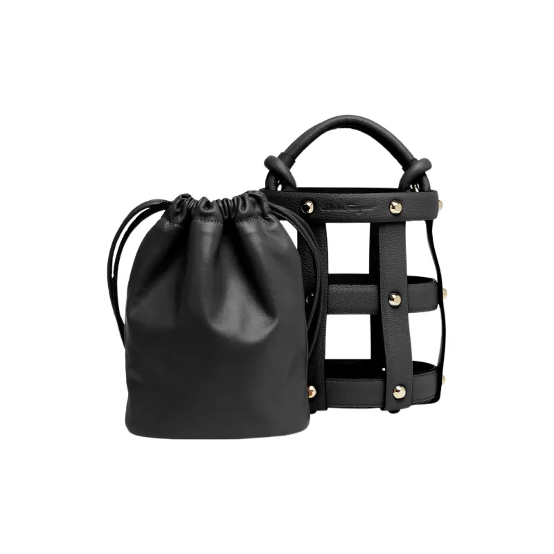 FERRAGAMO CAGE Cow Leather Bucket Bag, Crossbody, One Shoulder Handbag Regular Women's Black-2