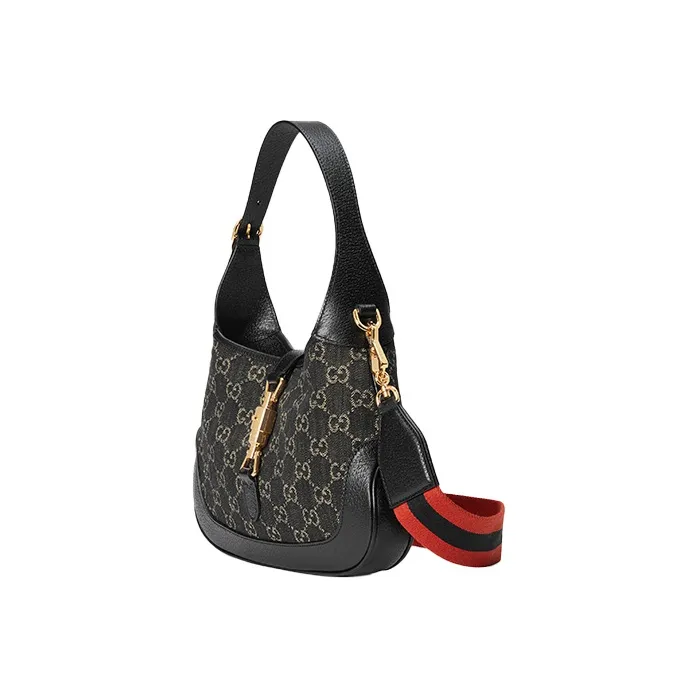 GUCCI Jackie 1961 Canvas With Leather Trim Crescent Shoulder Bag Shoulder Bag, Crossbody Bag Trumpets Women's Black-2
