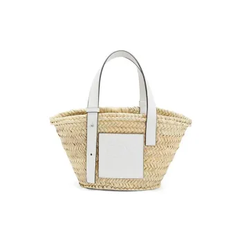 LOEWE Basket Bag In Palm Leaf And Calfskin Small Natural/White