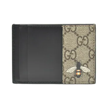 GUCCI Canvas With Leather Card Clip Card Holder Men's Ebony & Black