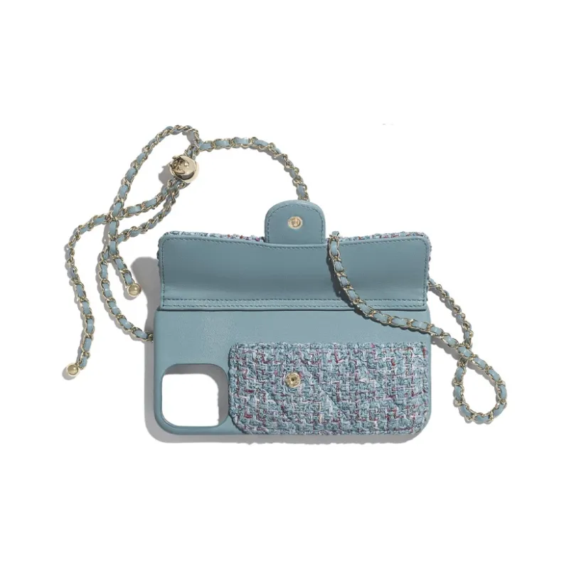 CHANEL Twill Soft Nappa & Metal Cell Phone Pouch Unisex Turkish Blue-1