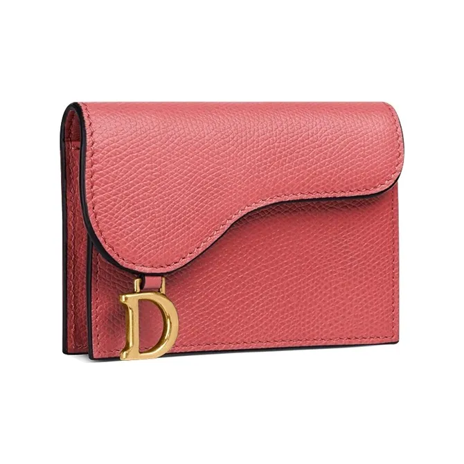 DIOR Saddle Grain Cow Leather Card Holder Women's Gray Pink-1