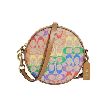 COACH Circle Coated Canvas With Leather Shoulder Bag Crossbody Bag Handbags Medium Size Women's Brown/Rainbow Print