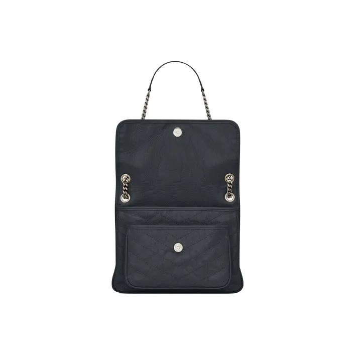 SAINT LAURENT Leather Hobo Bag, Shoulder Bag, Crossbody Bag Women's Dark Mist & Gray Black-4
