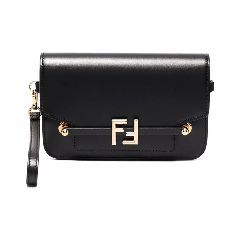 FENDI Cow Leather Clutch Shoulder Bag Crossbody Bag Handbag Mini Women's Black-3