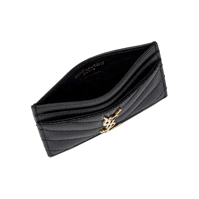 SAINT LAURENT CASSANDRE Grained Embossed Cow Leather Card Clip Card Holder Women's Black-5