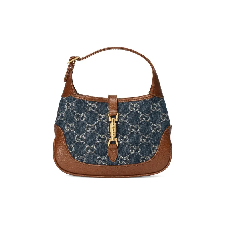 GUCCI Jackie 1961 Canvas With Leather Trim Canvas Bag Crescent Shoulder Bag Shoulder Bag Women's Gray Blue Multicolor-0