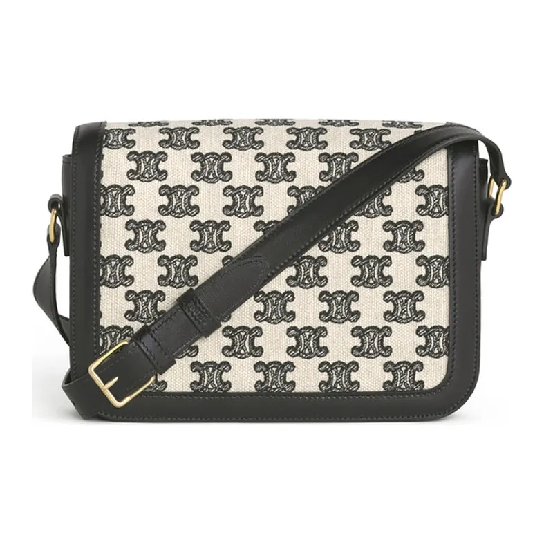 CELINE Triomphe Embroidered Fabric And Cow Leather Handbag Shoulder Bags Medium Size Women's Black & White-2