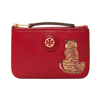 TORY BURCH Leather Key Ring Card Pouch Women's Hazelnuts Brown & Red