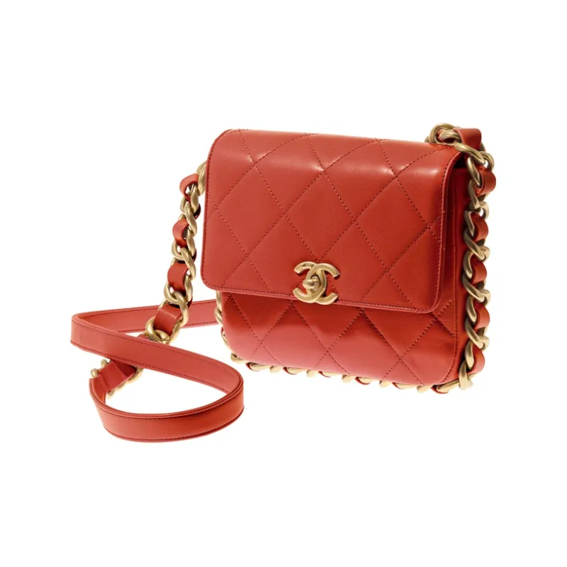 CHANEL 21K Winter Sheepskin Gold Tone Lock Shoulder Bag, Crossbody Bag, Handbag Medium Size Women's Red-1