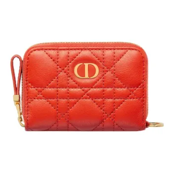 DIOR Caro Soft Calfskin Clutch Coin Purse With Card Holder Women's Bright Orange