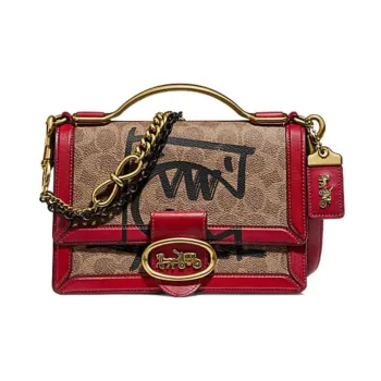 COACH Riley Canvas With Tanned Leather Trunk Bag, Handbag, Crossbody Bag Small Size Women's Brown Red
