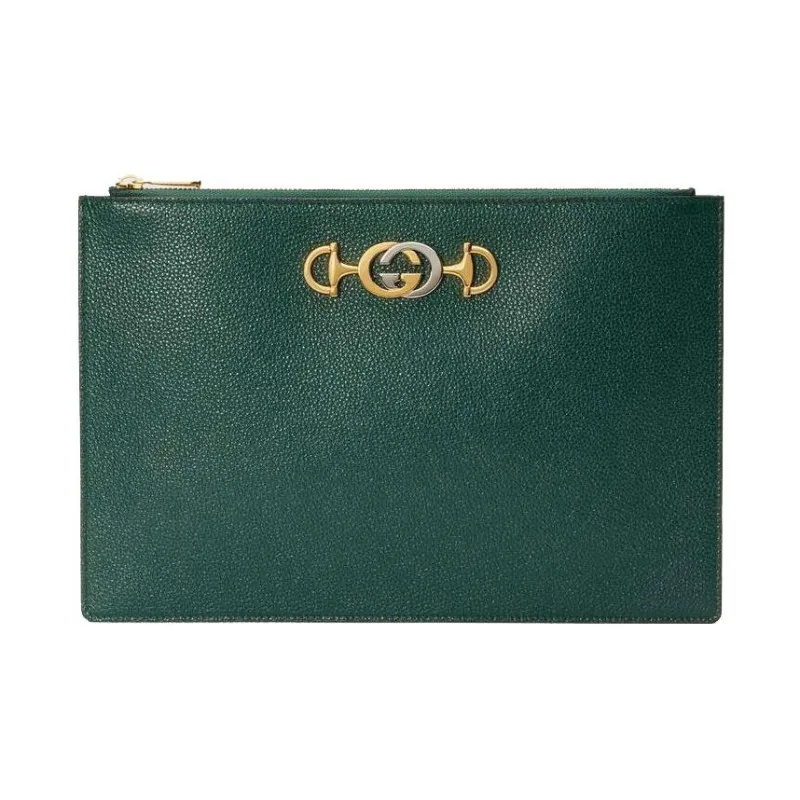 GUCCI Zumi Grained Leather Clutch Women's Dark Green-0