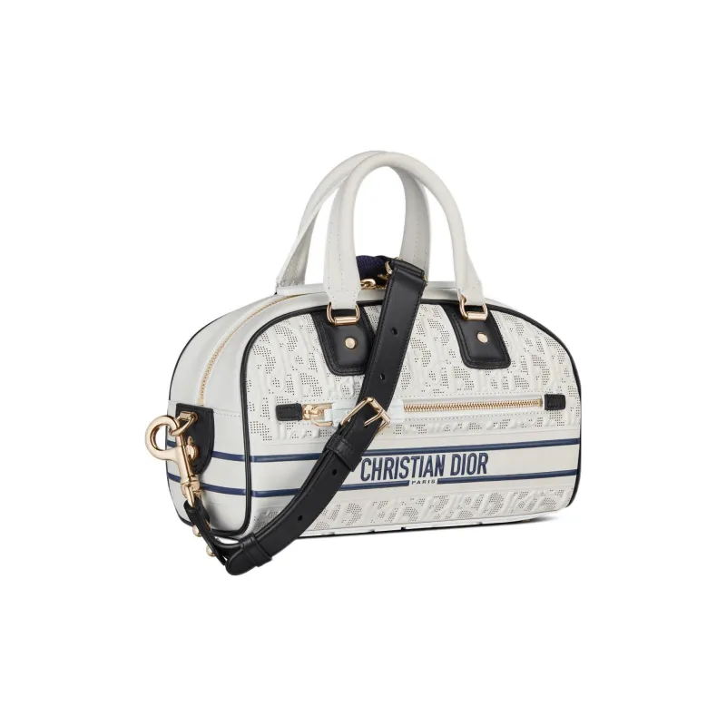 DIOR Cow Leather Bowling Bag, Shoulder Bag, Crossbody Bag, Handbag Women's White & Blue-2