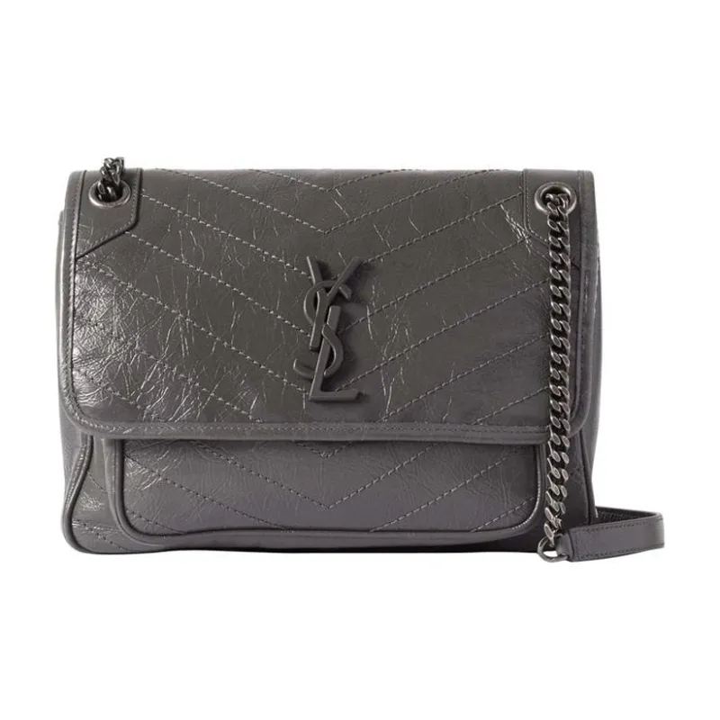 SAINT LAURENT Cow Leather Hobo Bag, Crossbody Bag, Shoulder Bag Medium Size Women's Gray White-0
