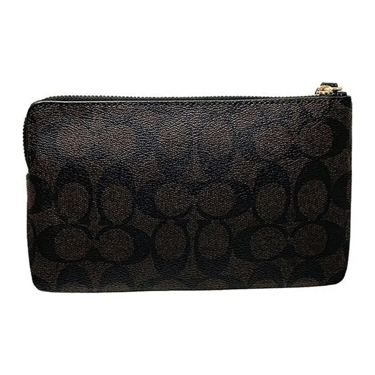COACH Corner Zip Canvas With Leather Pochette Clutch Tubas Women's Black Brown-1