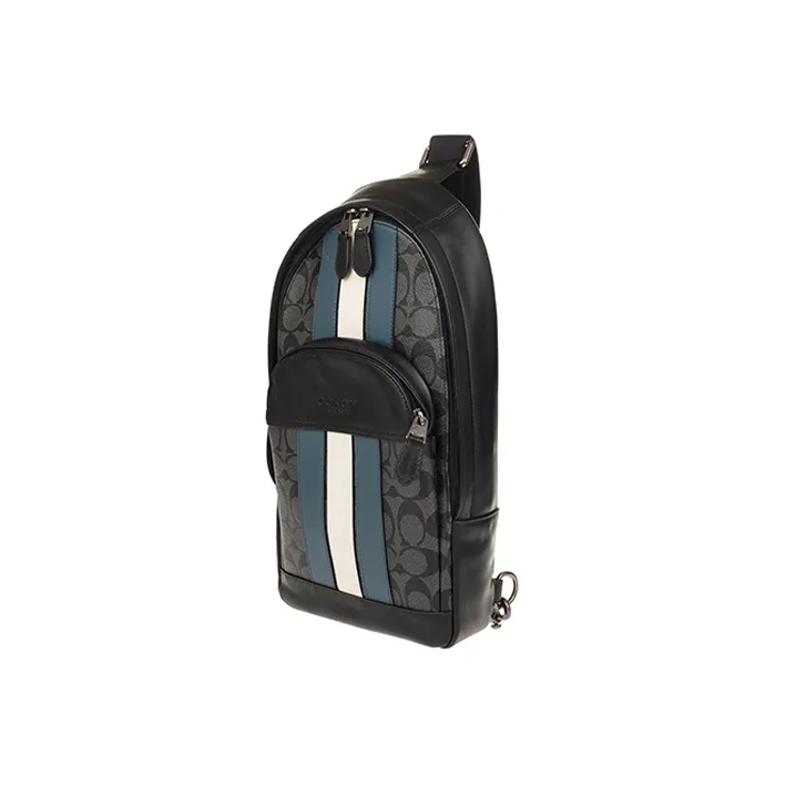 COACH Houston Cow Leather PVC Sling Bag Small Size Men's Black With Blue/White Stripes-1