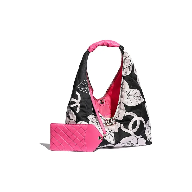 CHANEL Canvas With Calfskin HOBO Shoulder Bag Trumpets Women's White/Black/Pink Color-2