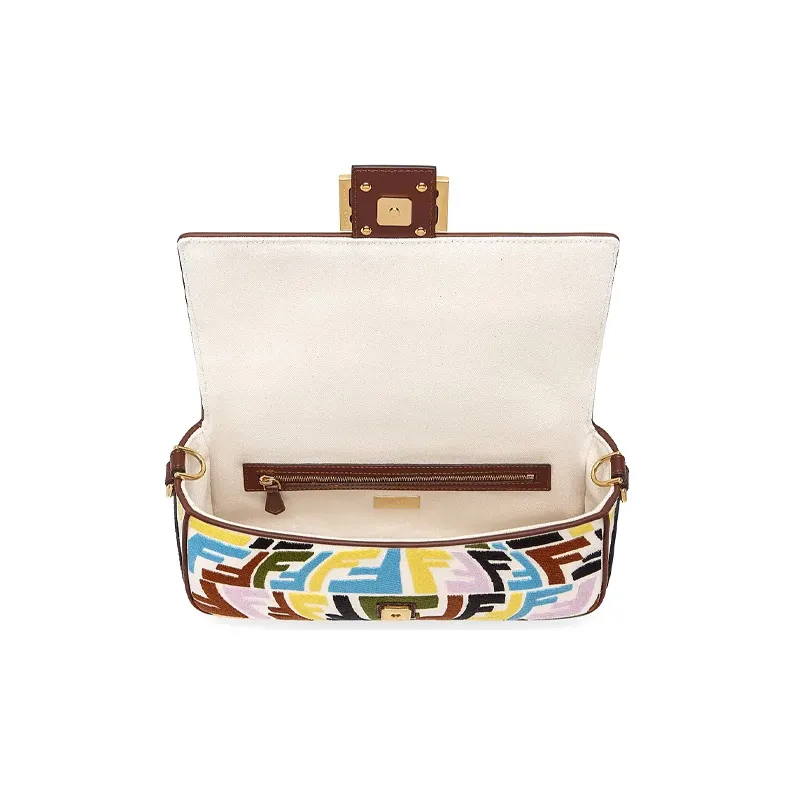 FENDI Baguette Canvas With Leather Shoulder Bag Crossbody Bag Handbag Medium Size Women's Brown/Multicolor-3