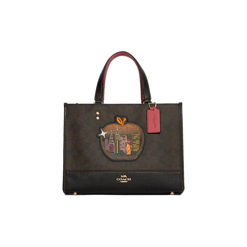 COACH Dempsey Canvas With Leather Comic Label Crossbody Bag, Handbag Tubas Women's Brown Black-0