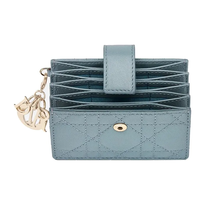 DIOR Lady Dior Wicker Pattern Sheepskin Card Holder Women's Light Blue-2