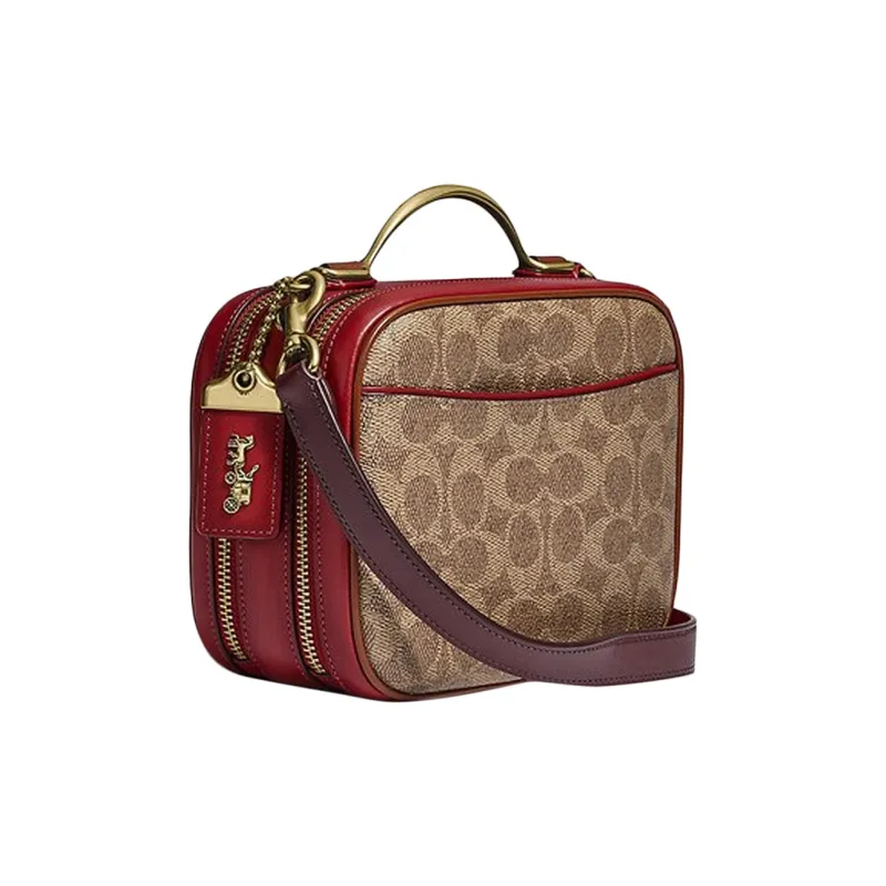 COACH Riley Leather Small Square Bag Shoulder Bag Crossbody Bag Handbag Small Size Women's Red & Brown Monogram-1