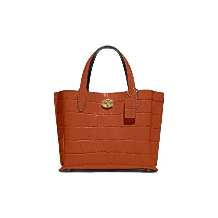 COACH Crocodile Pattern Leather Bucket Bag Tote Bag Shopping Bag Crossbody Handbag Medium Size Women's Caramel Brown-0