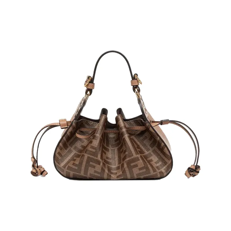 FENDI PU Fabric With Leather Accents Drawstring Shoulder Bag Crossbody Bag Handbag Mini Women's Brown-2