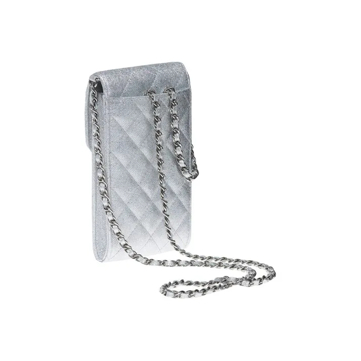 CHANEL 21K Winter Shimmery Metal Texture Grain Calfskin Shoulder Bag, Crossbody Bag Women's Silver-1