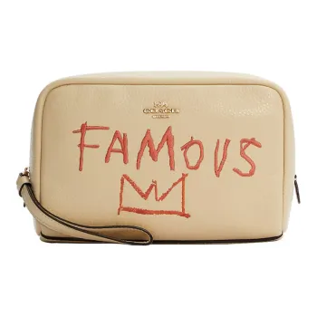 COACH X Basquiat Boxy Leather Clutch Makeup Bag Trumpets Women's Ivory White