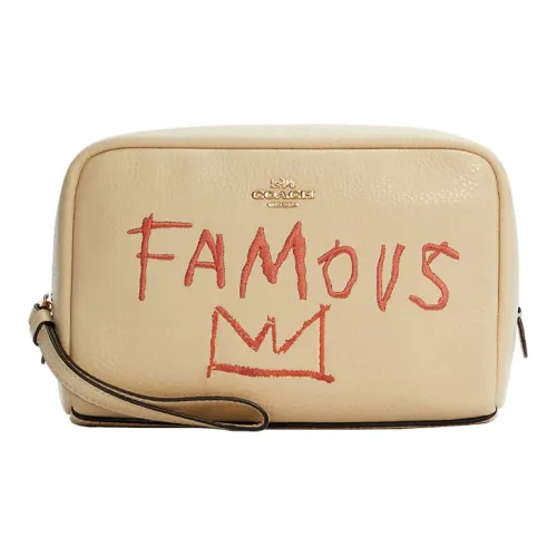 COACH X Basquiat Boxy Leather Clutch Makeup Bag Trumpets Women's Ivory White