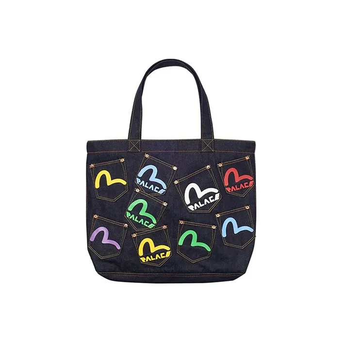 EVISU Palace Collaboration Denim Multi-Pocket Tote Bag Shopping Bag Shoulder Bag Regular Unisex Black-1