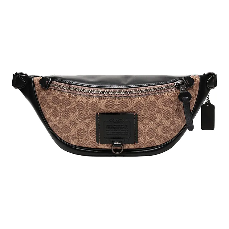 COACH Rivington Canvas With Leather One Shoulder Crossbody Fanny Pack Large Size Men's Khaki Brown & Black-0